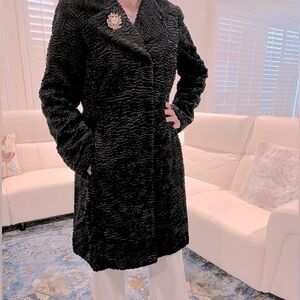 Jones New York pattern faux fur black coat notched collar & back belt New M